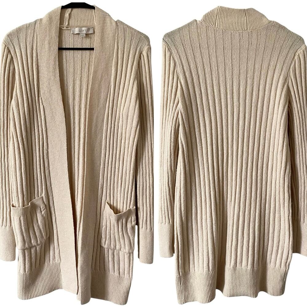 LOFT Ribbed Open Front Cardigan Sweater Medium Length Cream Size XS Pockets